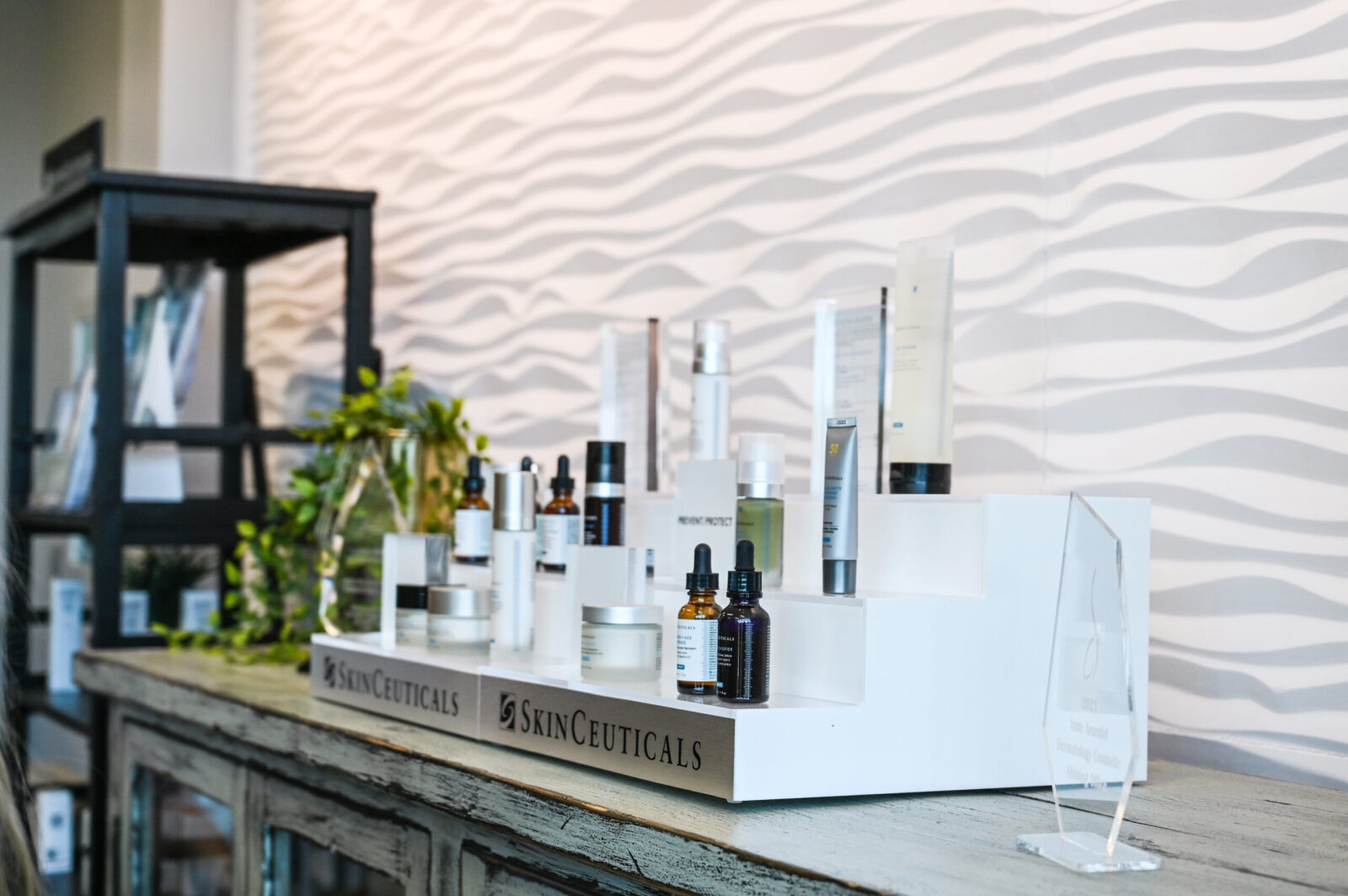 The Skinceuticals display at a Meridiem dermatology spa location. Skin products on display for the dermatology patients.